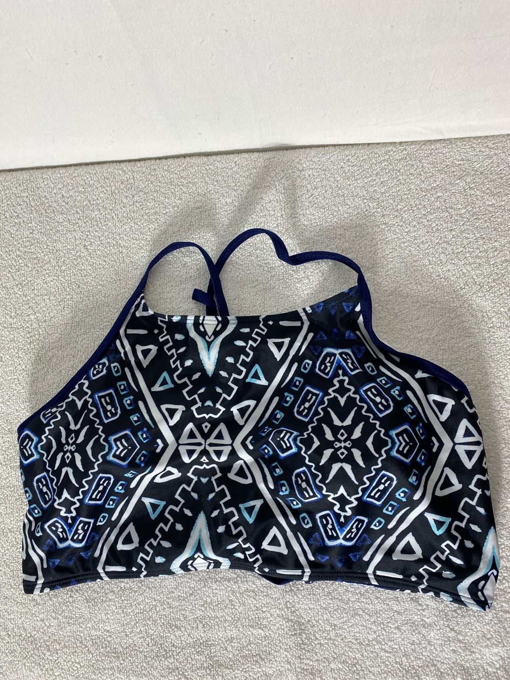 5/$25 High Neck Blue Black White Geometric Print Halter Style Bikini Top 1XL